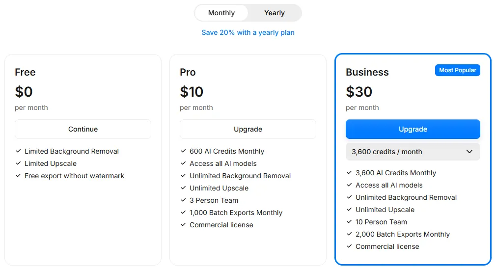 Pixelcut pricing page on monthly billing showing Free at $0, Pro at $10 a month with unlimited upscale and Business at $30 a month