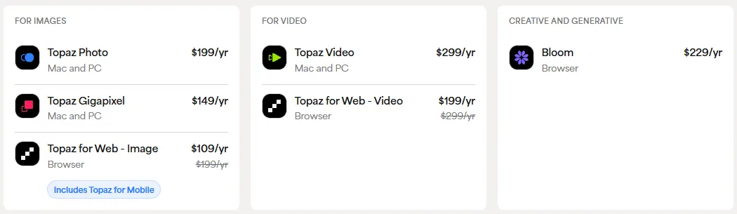 Topaz Labs pricing page listing Topaz Gigapixel at $149 a year and Topaz for Web - Image at $109 a year, down from $199