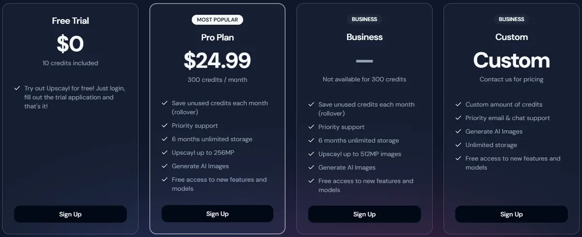 Upscayl Cloud pricing page with a free trial of 10 credits and a Pro plan at $24.99 a month with 300 credits