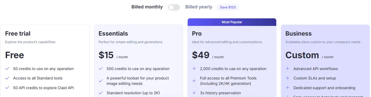 Claid pricing page on monthly billing showing a free trial with 50 credits, Essentials at $15 a month with 500 credits and Pro at $49 a month with 2,000 credits