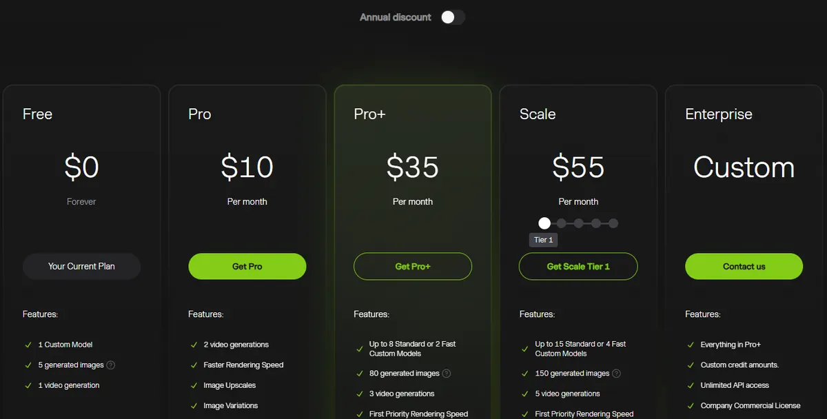 Flair pricing page with the annual discount off, showing Free at $0, Pro at $10, Pro+ at $35 and Scale at $55 a month