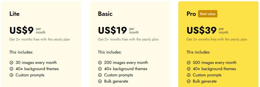 Pebblely pricing page on monthly billing showing Lite at US$9 for 30 images, Basic at US$19 for 200 images and Pro at US$39 for 500 images
