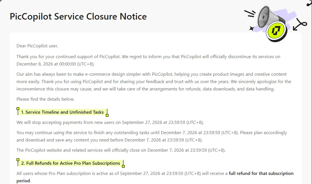Pic Copilot service closure notice saying payments from new users stop on 27 September 2026 and the website closes on 7 December 2026