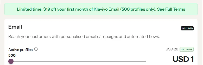 Klaviyo plan builder showing Email at 500 active profiles for USD 20 a month, with a limited-time first-month discount