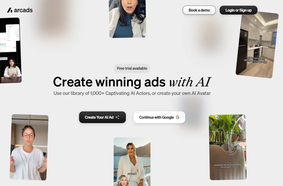 Arcads homepage offering a free trial and a library of more than 1,000 AI actors, with sample actor videos
