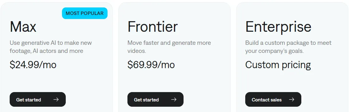 Captions pricing page showing Max at $24.99 a month and Frontier at $69.99 a month