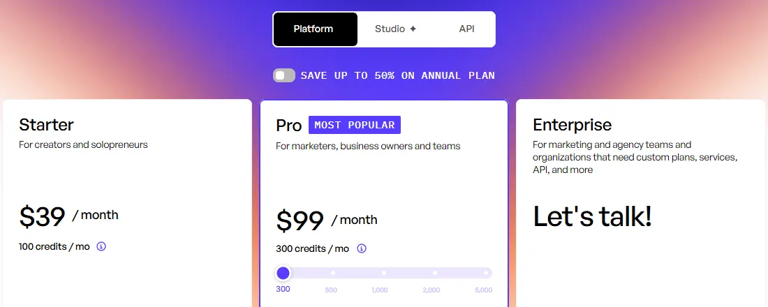 Creatify pricing page showing Starter at $39 a month with 100 credits and Pro at $99 a month with 300 credits