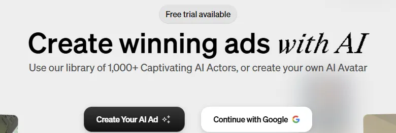 Arcads homepage offering a free trial and a library of more than 1,000 AI actors