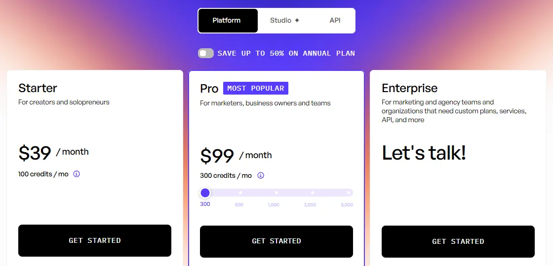Creatify pricing page showing Starter at $39 a month with 100 credits and Pro at $99 a month with 300 credits
