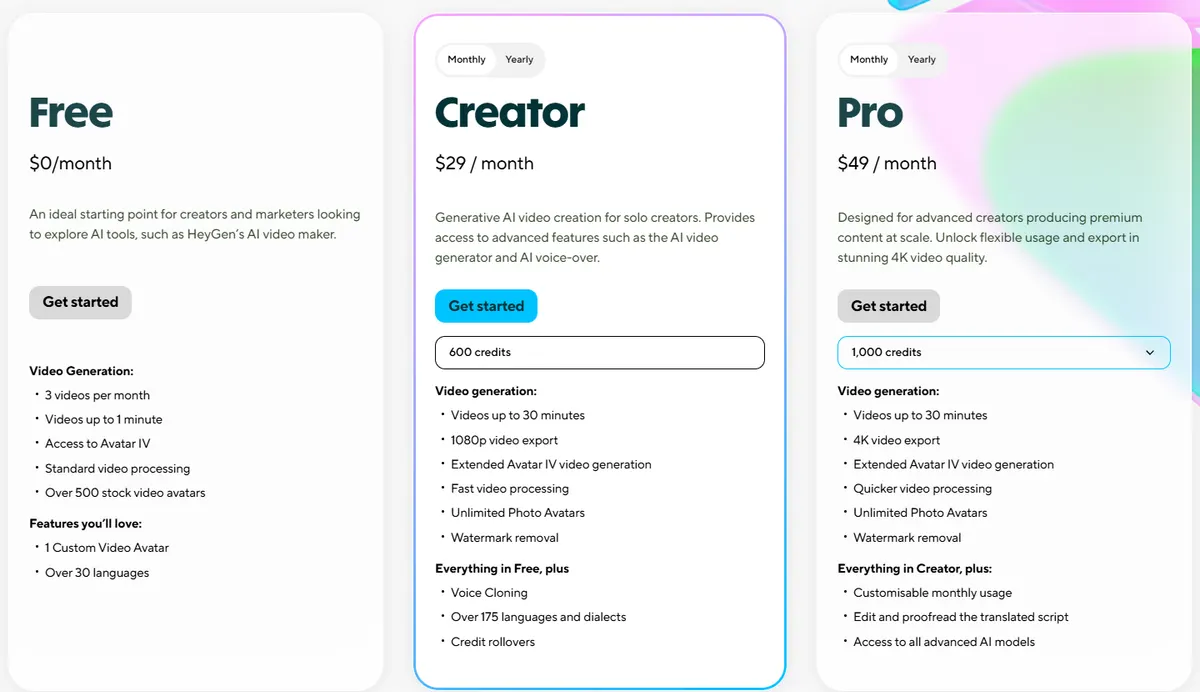 HeyGen pricing page showing the Free plan, Creator at $29 a month with 600 credits and Pro at $49 a month with 1,000 credits