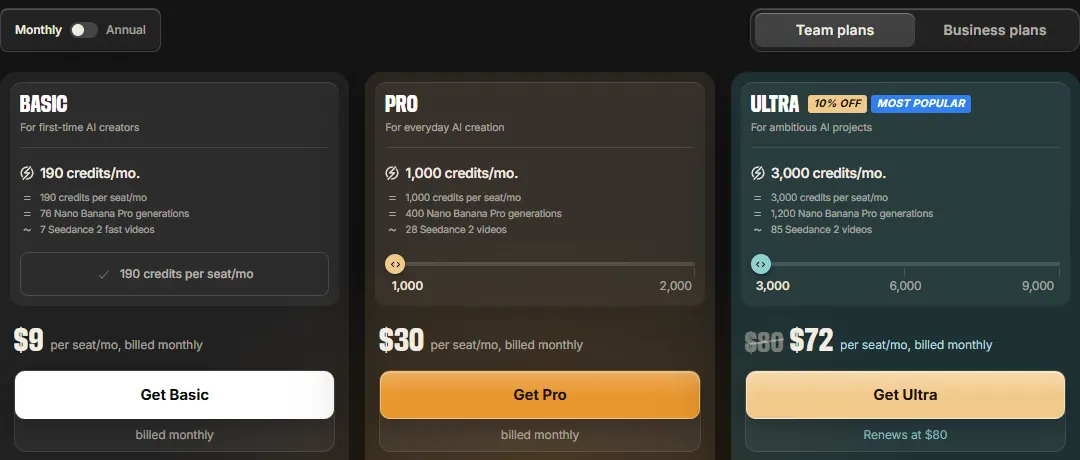 InVideo pricing page on monthly billing showing Basic at $9, Pro at $30 and Ultra at $72 for the first month, renewing at $80