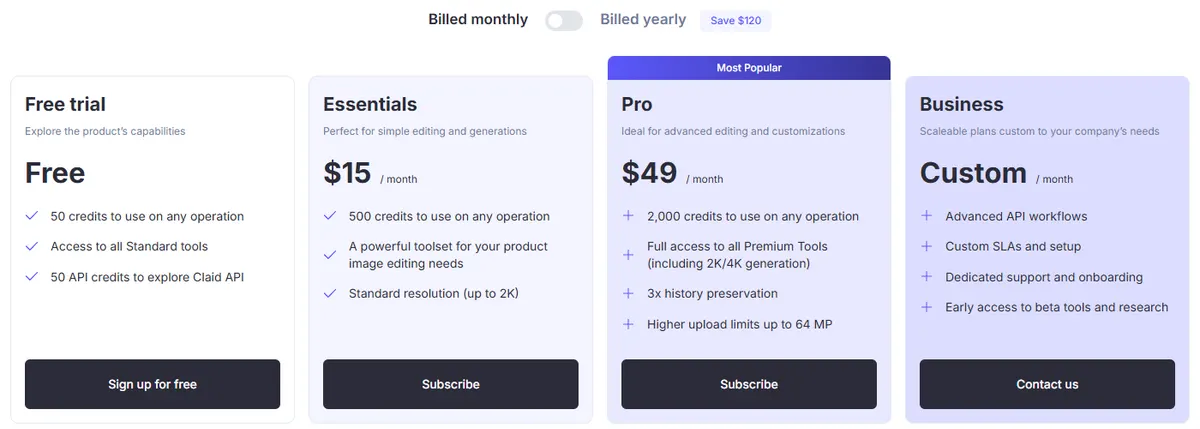 Claid pricing page on monthly billing showing a free trial with 50 credits, Essentials at 15 dollars a month with 500 credits and Pro at 49 dollars a month with 2,000 credits