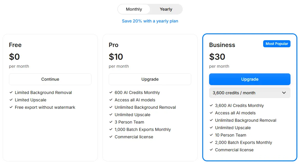 Pixelcut pricing page on monthly billing showing Free, Pro at 10 dollars a month with unlimited background removal and Business at 30 dollars a month