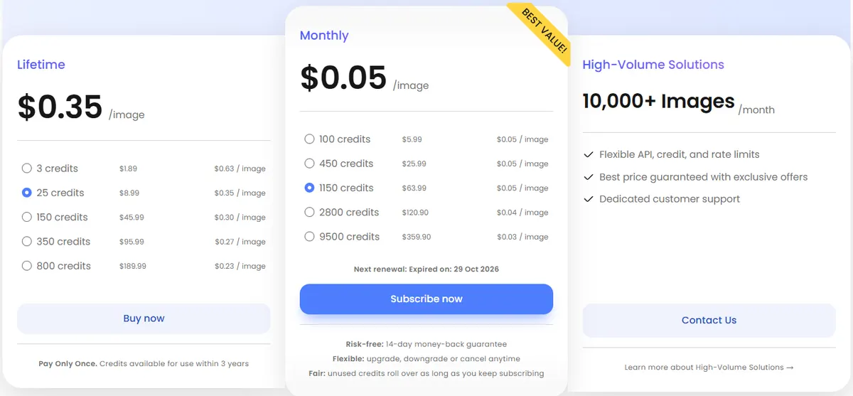 Removal.ai pricing page showing lifetime credit packs from 1.89 dollars and monthly plans from 5.99 dollars for 100 credits