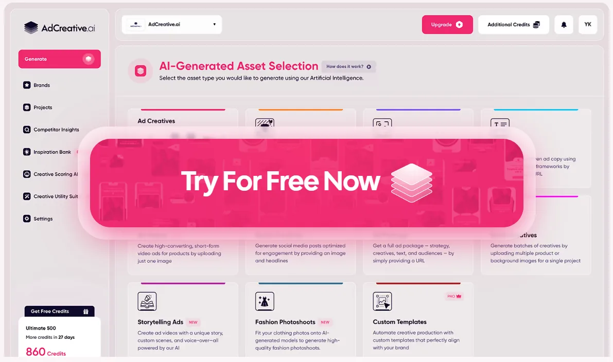 AdCreative.ai dashboard showing AI-generated asset selection options