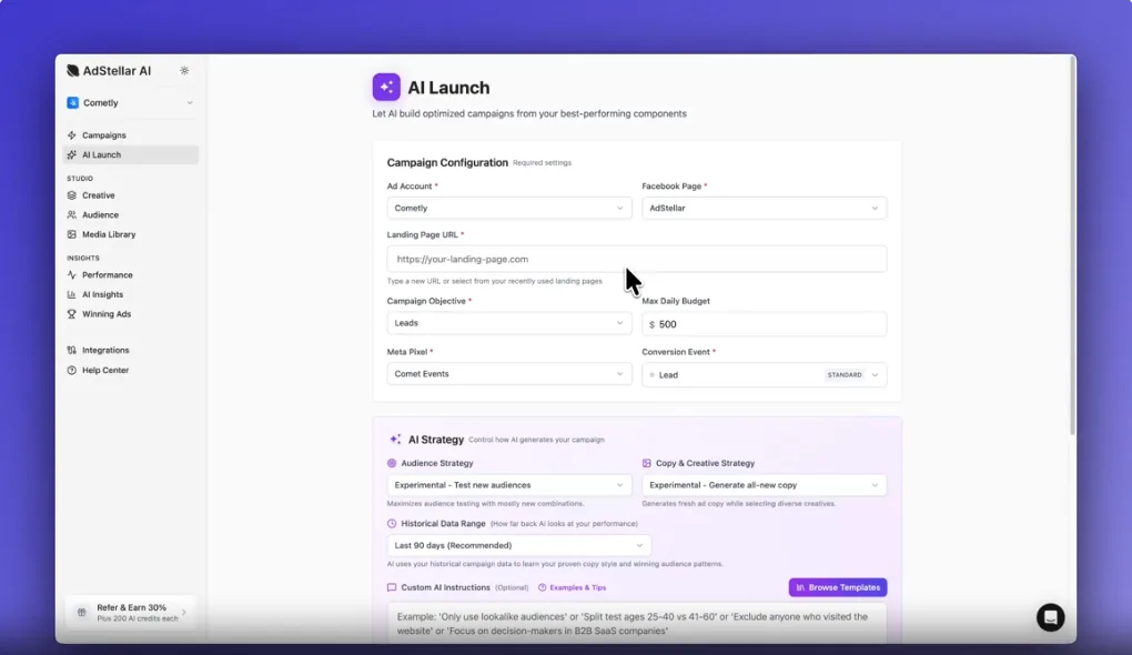AdStellar AI Launch screen showing campaign configuration and AI strategy settings