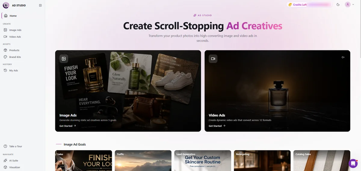 CamClo Ad Studio dashboard showing image ad and video ad creation across five ad goals