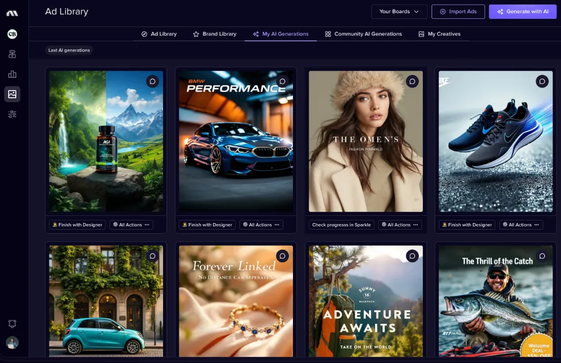 Madgicx Ad Library interface showing AI-generated ad creatives in a grid