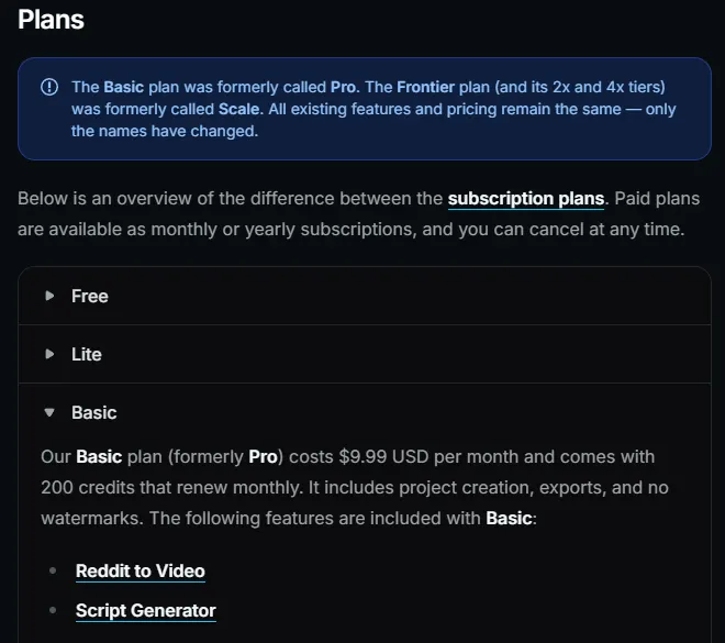 Captions help center saying the Basic plan, formerly Pro, costs $9.99 USD per month with 200 credits that renew monthly and no watermarks