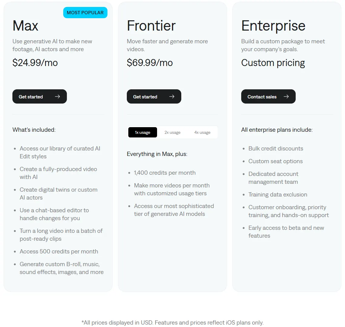 Captions pricing page showing Max at $24.99 a month with 500 credits, Frontier at $69.99 a month with 1,400 credits, and custom Enterprise pricing