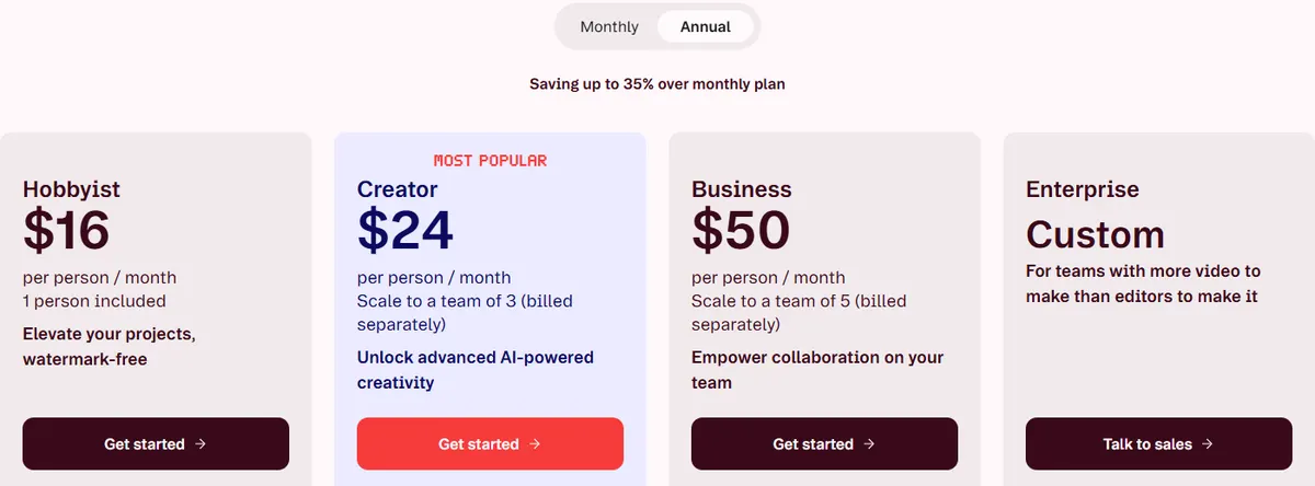 Descript pricing page on annual billing showing Hobbyist at $16, Creator at $24 and Business at $50 per person per month