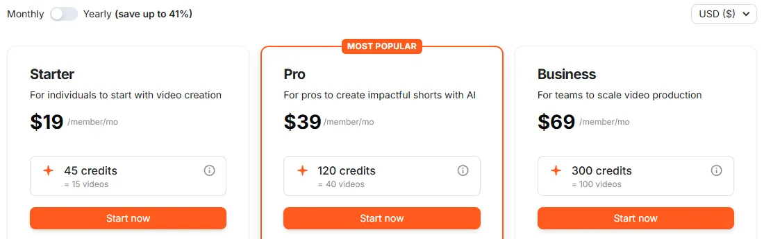 Submagic pricing page on monthly billing showing Starter at $19 with 45 credits, Pro at $39 with 120 credits and Business at $69 with 300 credits