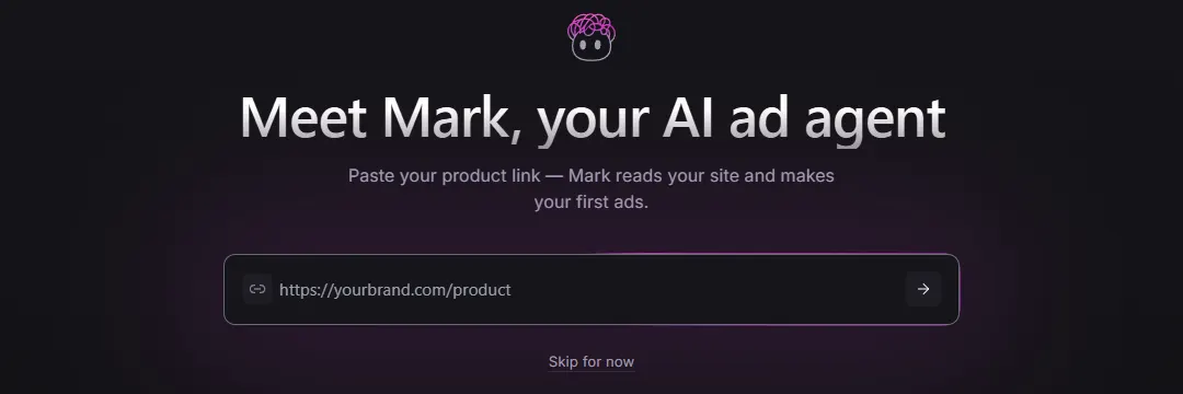 Arcads agent page asking for a product link, with the heading Meet Mark, your AI ad agent