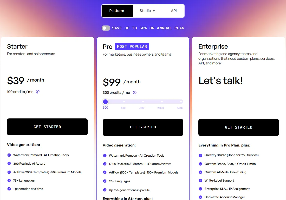 Creatify pricing page on monthly billing showing Starter at $39 a month with 100 credits, Pro at $99 a month with 300 credits and a custom Enterprise plan