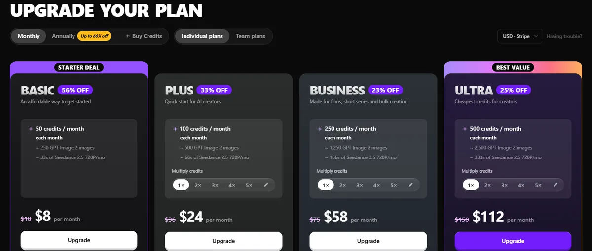 Topview pricing page on monthly billing showing Basic at $8 instead of $18 with 50 credits, Plus at $24 instead of $36 with 100 credits, Business at $58 instead of $75 with 250 credits and Ultra at $112 instead of $150 with 500 credits