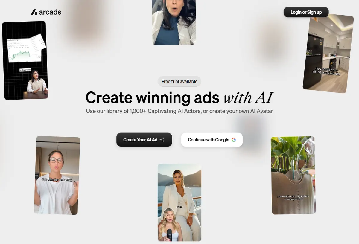 Arcads homepage offering a free trial and a library of more than 1,000 AI actors