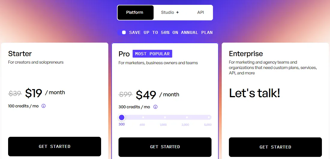 Creatify pricing page on annual billing showing Starter at $19 a month instead of $39 and Pro at $49 a month instead of $99