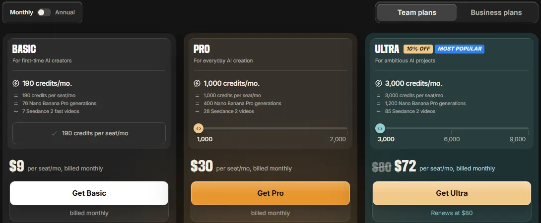InVideo pricing page on monthly billing showing Basic at $9, Pro at $30 with 1,000 credits and Ultra at $72 instead of $80 with 3,000 credits