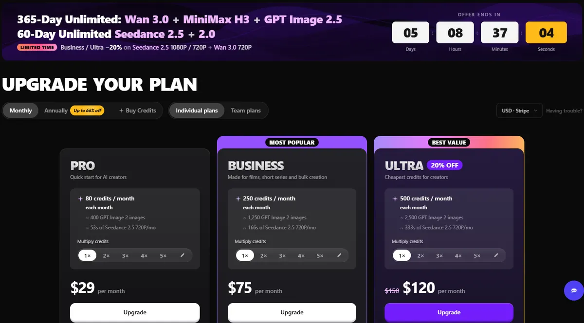 Topview pricing page on monthly billing showing Pro at $29 with 80 credits, Business at $75 with 250 credits and Ultra at $120 instead of $150 with 500 credits