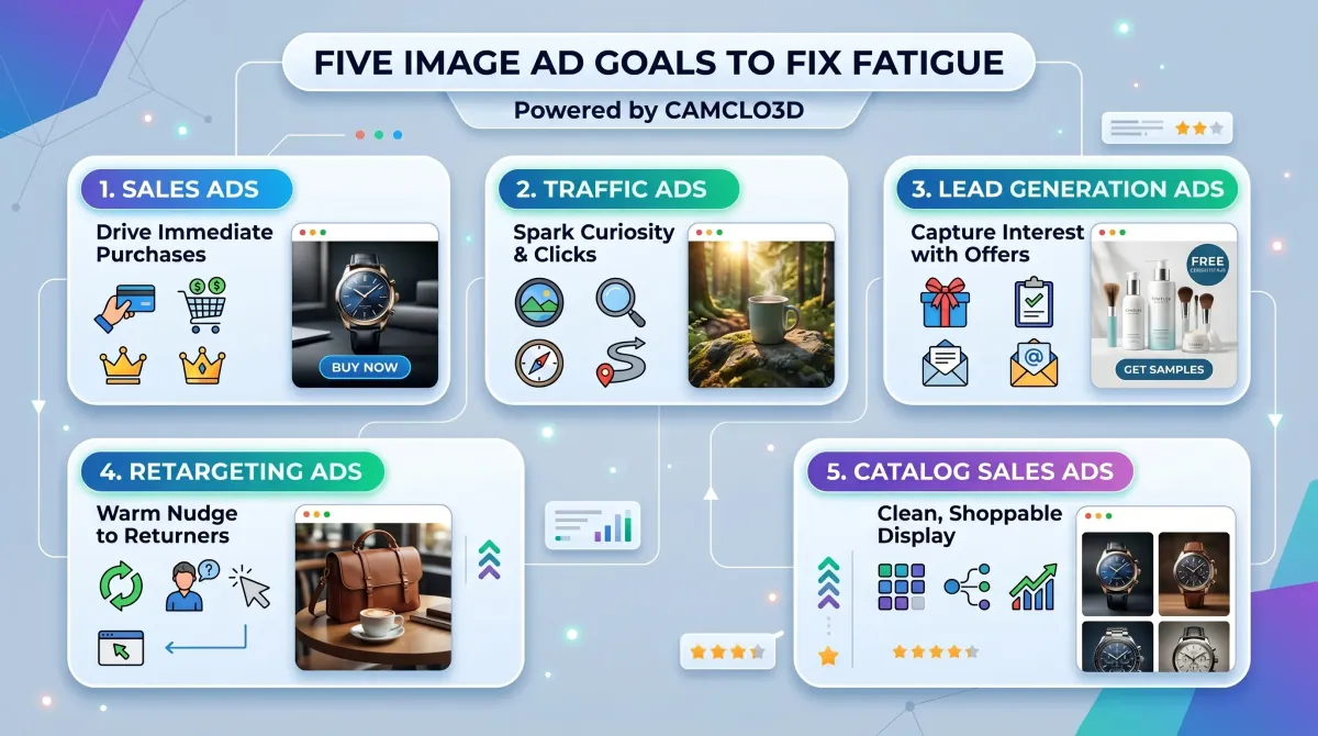 Five image ad goals in CamClo Ad Studio: Sales, Traffic, Lead Generation, Retargeting, and Catalog Sales