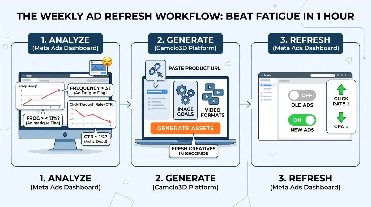 The weekly ad refresh workflow: Analyze in Meta Ads, Generate in CamClo, Refresh your campaigns
