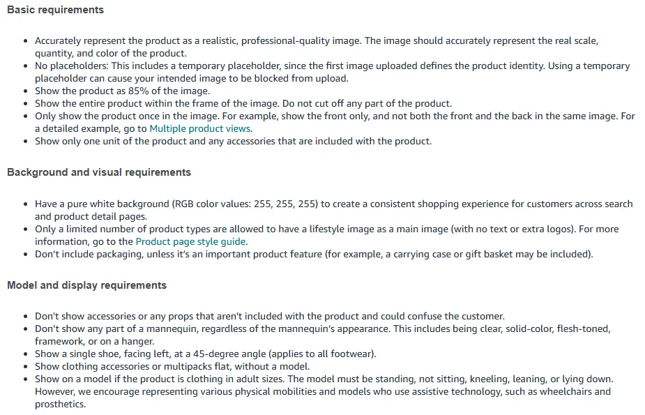 Amazon Seller Central product image guide listing main image rules: pure white background RGB 255, 255, 255, product filling 85% of the image, no mannequins, single shoe facing left