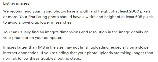 Etsy help text recommending listing photos of at least 2000 pixels wide and high, a first photo of at least 635 pixels, and warning that files over 1MB may not finish uploading