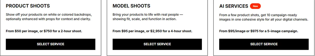 Squareshot pricing showing product shoots from $50 per image, model shoots from $95 per image and AI services from $95 per image