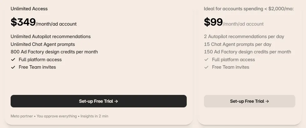 AdAmigo.ai pricing page showing Unlimited Access at $349 a month per ad account and a $99 plan for accounts spending under $2,000 a month
