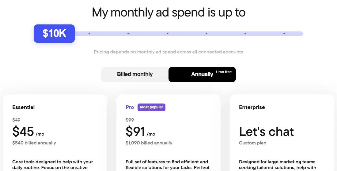 Bïrch pricing page for up to $10K monthly ad spend showing Essential at $45 and Pro at $91 a month billed annually, with monthly prices of $49 and $99