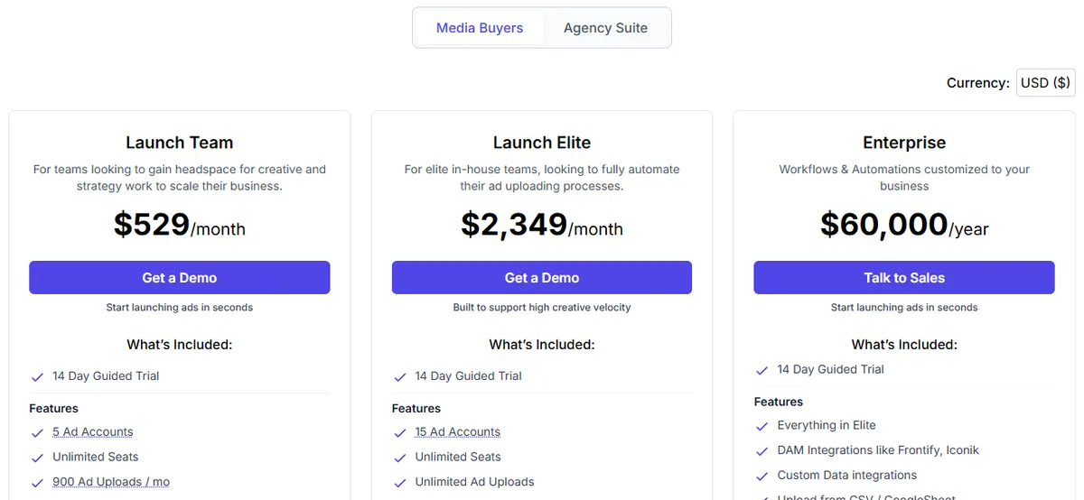 Kitchn pricing page in US dollars showing Launch Team at $529 a month, Launch Elite at $2,349 a month and Enterprise at $60,000 a year