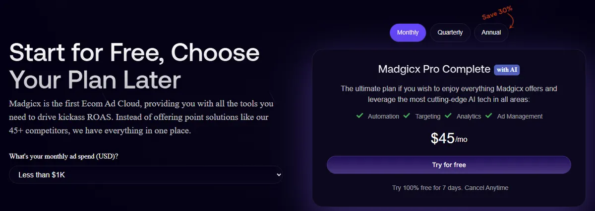 Madgicx pricing page showing Madgicx Pro Complete at $45 a month on monthly billing for under $1K of monthly ad spend