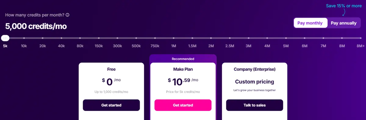 Make pricing page on monthly billing showing the Free plan at $0 and the Make plan at $10.59 a month for 5,000 credits