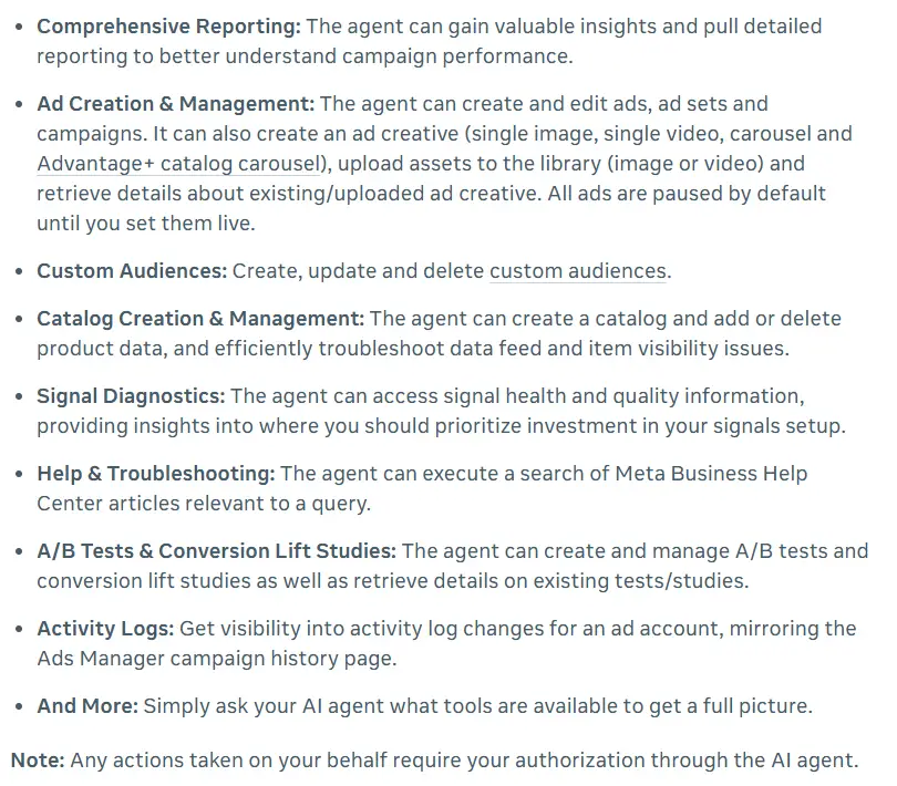 Meta Business Help Center list of what an AI agent can do through Meta's ads MCP server, including reporting, ad creation, custom audiences, catalogs, signal diagnostics and A/B tests