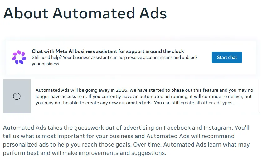 Meta Business Help Center notice saying Automated Ads will be going away in 2026 and existing automated ads will keep delivering