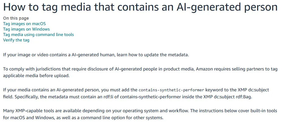 Amazon Seller Central article saying media with an AI-generated person must carry the contains-synthetic-performer keyword in the XMP dc:subject field