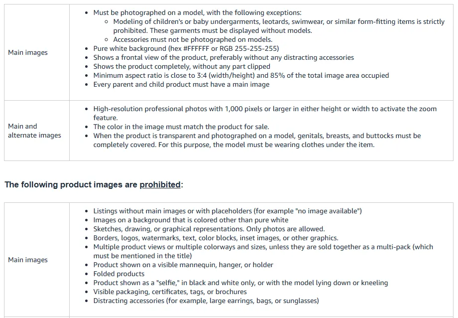 Amazon Seller Central clothing image rules: main images must be photographed on a model, with folded products and visible mannequins or hangers prohibited