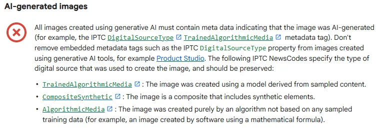 Google Merchant Center requirement that images created with generative AI contain metadata such as the IPTC DigitalSourceType TrainedAlgorithmicMedia tag