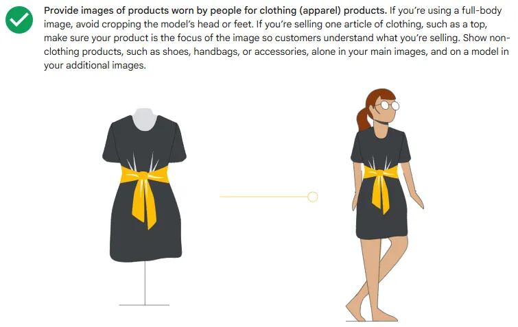 Google Merchant Center best practice recommending images of clothing worn by people, illustrated with a dress on a mannequin and the same dress worn