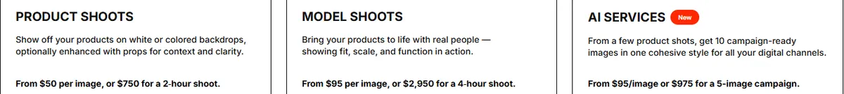 Squareshot pricing: product shoots from $50 per image, model shoots from $95 per image, AI services from $95 per image